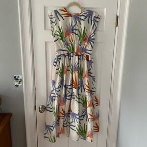 Oliphant White Midi Dress with Orange, Green & Blue Leaf Print